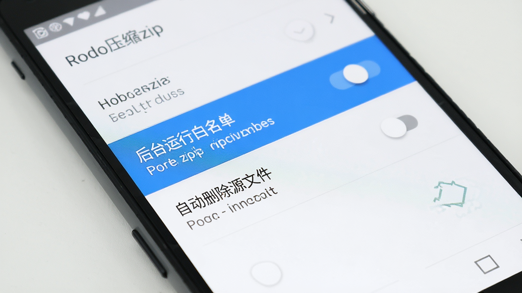 一部安卓手机屏幕展示解压缩zip的设置界面,列表中高亮显示“后台运行白名单”和“自动删除源文件”选项,背景为白色,风格为简约设置页,细节包括开关按钮和文字说明,画质高清,干净整洁