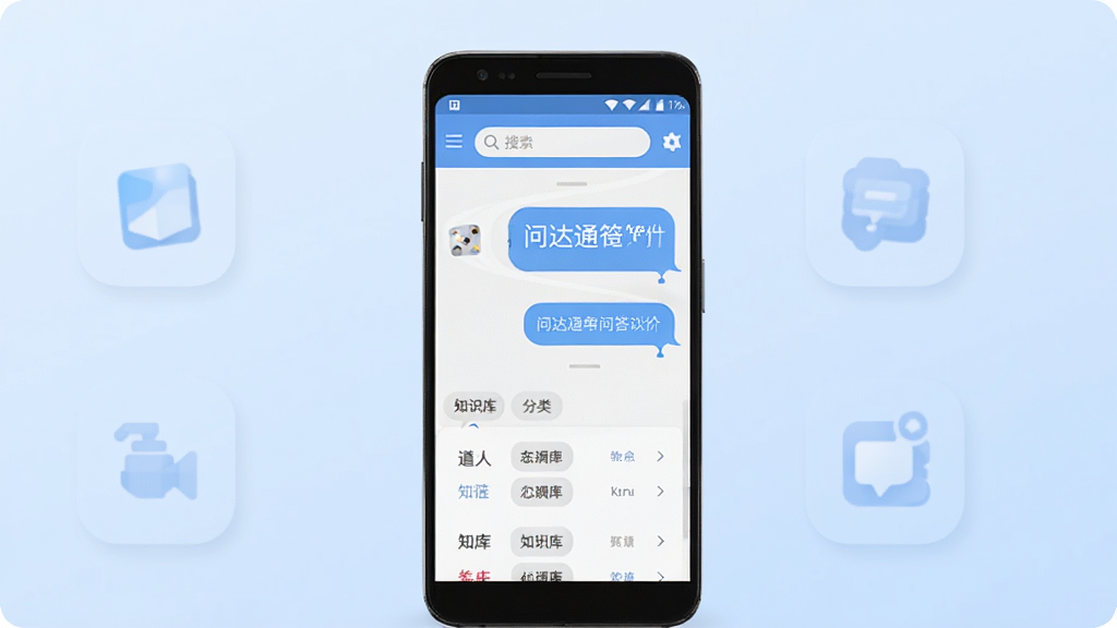 问达通软件主界面展示,画面中央放置一部安卓手机,手机屏幕上显示问达通问答对话框与知识库列表,背景为简洁的浅蓝色渐变,布局采用居中构图,风格为现代科技感扁平化设计,细节包含圆角图标、搜索框、分类标签,画质清晰干净,无多余元素