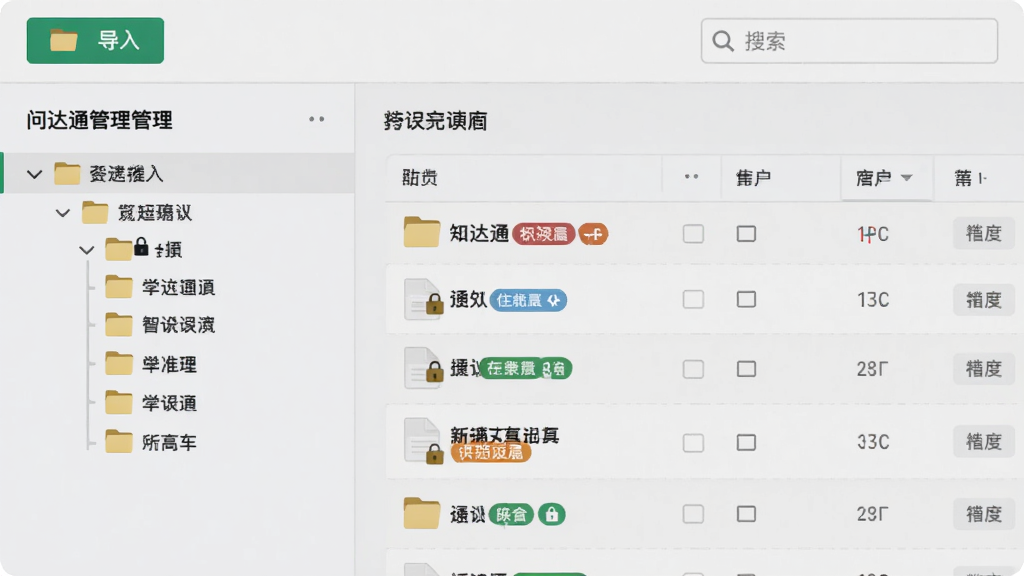 问达通知识库管理界面,画面展示文件夹树状结构与文档列表,顶部有导入按钮和搜索框,布局为左侧导航右侧内容区,风格为清爽浅色商务风,细节包含文件夹图标、标签颜色、权限锁标识,画质清晰干净,无多余元素