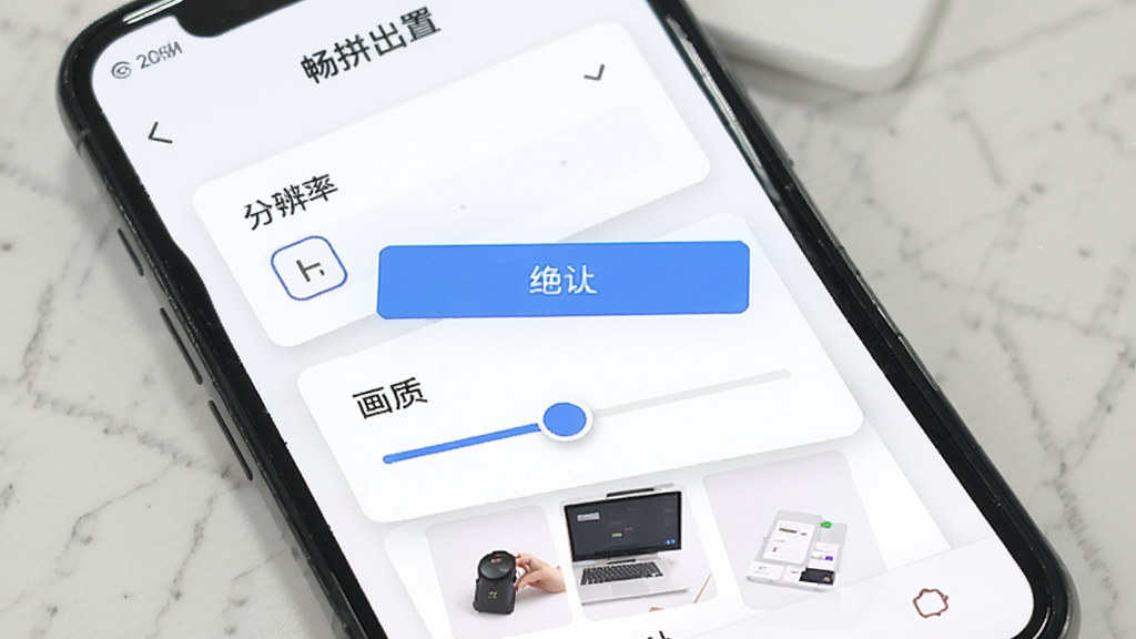 手机屏幕展示畅拼软件导出设置页面,画面中有分辨率选项和画质滑动条,背景是白色卡片式布局,风格清爽简约,细节包括蓝色确认按钮和缩略图预览,画质清晰干净,无多余元素