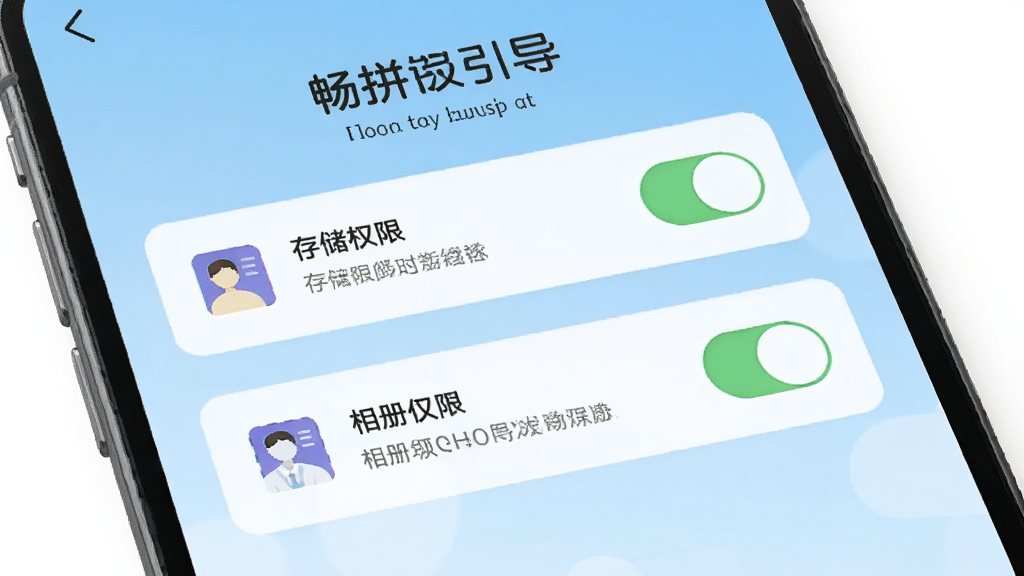 手机屏幕展示畅拼软件的权限设置引导页面,画面中有存储权限和相册权限的开关按钮,背景为浅蓝色渐变,风格友好亲和,细节包括说明文字和图标提示,画质清晰干净,无多余元素