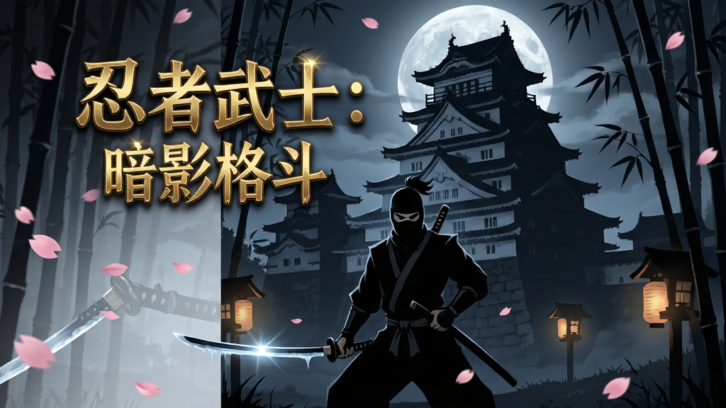 画面中央是一位身穿黑色忍者服、手持武士刀的暗影武士,背景是月光下的日式城堡与竹林,画面左侧漂浮着金色游戏标题“忍者武士:暗影格斗”,整体采用暗黑剪影风格,布局为竖版海报构图,排版上标题居中偏上,武士位于画面下方三分之二处,风格为日式暗黑奇幻,细节包括飘落的樱花花瓣、刀锋上的寒光、远处的灯笼微光,画质高清,干净,无多余元素