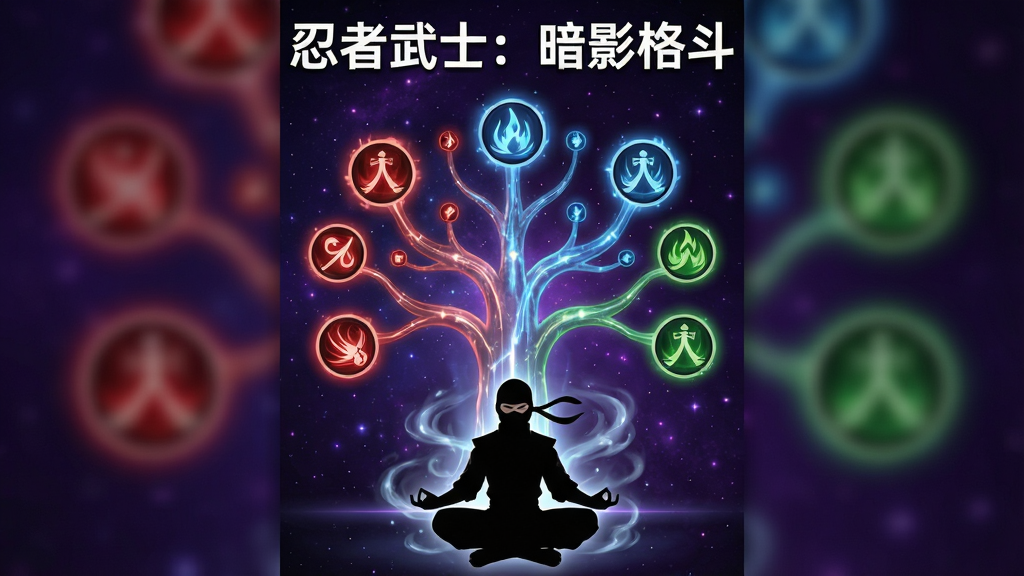 画面中央是一个发光的技能树界面,树枝上分布着红色、蓝色、绿色的技能图标,背景为深紫色星空,画面下方是一个黑色剪影忍者正在打坐,画面顶部有“忍者武士:暗影格斗”白色文字,布局为竖版游戏界面展示,排版上技能树占据画面主体,风格为奇幻科技与忍者元素结合,细节包括技能图标的光晕、连接线的流光、忍者周围的查克拉气流,画质高清,干净,无多余元素