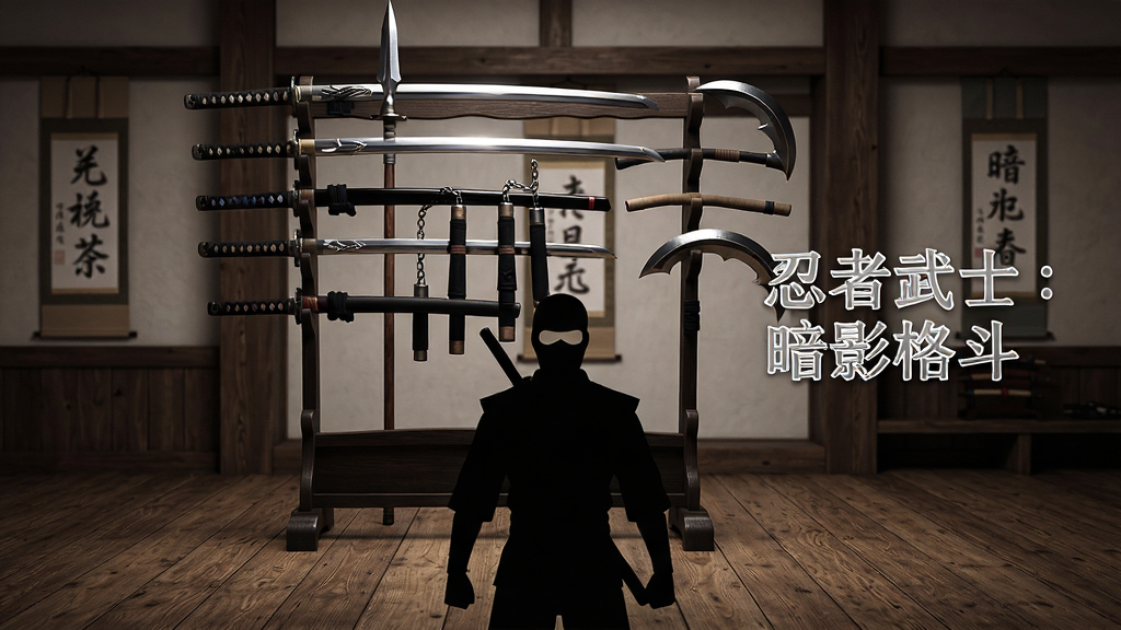 画面中央是一个黑色剪影忍者站在武器架前,架子上陈列着武士刀、长枪、双截棍和锁镰,背景为木制道场内部,画面右侧漂浮着“忍者武士:暗影格斗”白色文字,布局为竖版展示构图,排版上武器架占据上半部分,忍者位于下方,风格为日式道场写实与剪影结合,细节包括武器上的金属反光、木地板纹理、墙上挂着的卷轴,画质高清,干净,无多余元素