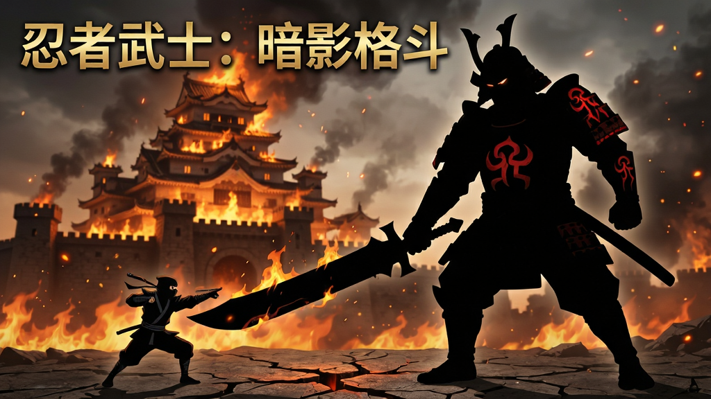 画面展示一个巨大的黑色剪影BOSS武士站在燃烧的城堡前,手持巨剑,对面是一个较小的忍者角色摆出战斗姿态,背景为火焰与浓烟,画面顶部有“忍者武士:暗影格斗”金色标题,布局为横版BOSS战场景,排版上BOSS占据画面右侧大半区域,忍者位于左下方,风格为暗黑史诗战斗风,细节包括火焰粒子、地面裂痕、BOSS盔甲上的红色纹路,画质高清,干净,无多余元素