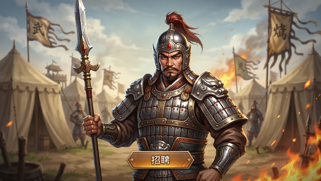 烽火望长安武将招募界面,画面中央是一个古代武将的立绘形象,身穿铠甲手持长枪,背景为军营帐篷与战旗,主体为武将半身像与招募按钮,布局为竖向卡片式排列,风格为国风写实游戏原画,细节包括铠甲金属光泽、面部表情、背景火焰特效,画质高清,干净,无多余元素