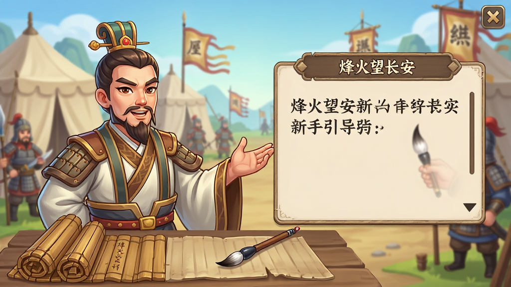 烽火望长安新手引导界面,画面展示一位古代军师正在向玩家讲解操作,主体为军师立绘与对话框,布局为左侧人物右侧文字,风格为国风卡通渲染,细节包括竹简、毛笔、军营背景,画质高清,干净,无多余元素