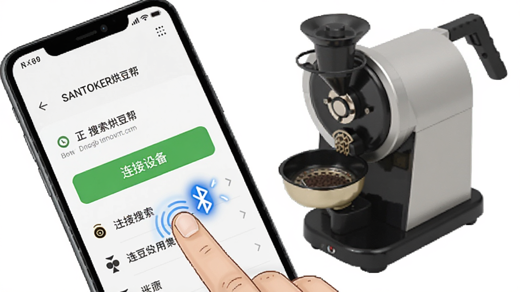 一张安卓手机操作指引图,画面中一部手机显示SANTOKER烘豆帮的蓝牙连接界面,屏幕上有一个绿色的"连接设备"按钮和正在搜索的设备列表,手机旁边放着一台小型烘豆机,布局为对角线构图,风格为教程插图风格,细节包括手指点击屏幕的动作、蓝牙图标闪烁效果,画质清晰,干净无多余元素