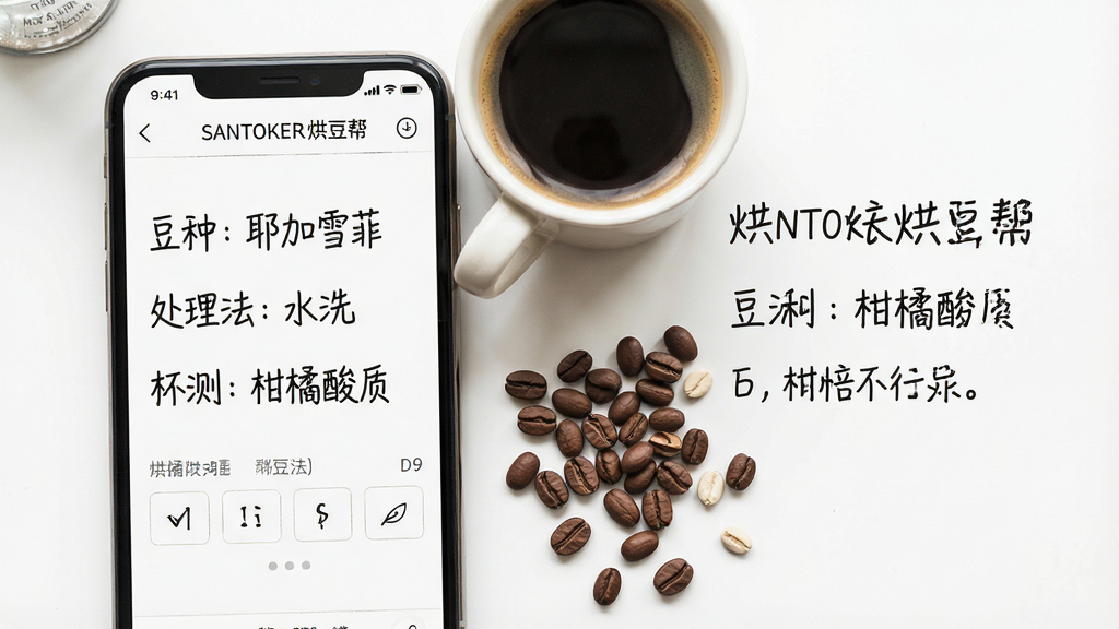 一张烘焙笔记分享界面图,画面中一部手机竖屏显示SANTOKER烘豆帮的笔记编辑页面,页面上有"豆种:耶加雪菲"、"处理法:水洗"、"杯测:柑橘酸质"等文字内容,旁边有一杯咖啡和几颗生豆作为装饰,布局为左图右文,风格为清新文艺风格,细节包括手写字体效果、咖啡豆纹理,画质清晰,干净无多余元素