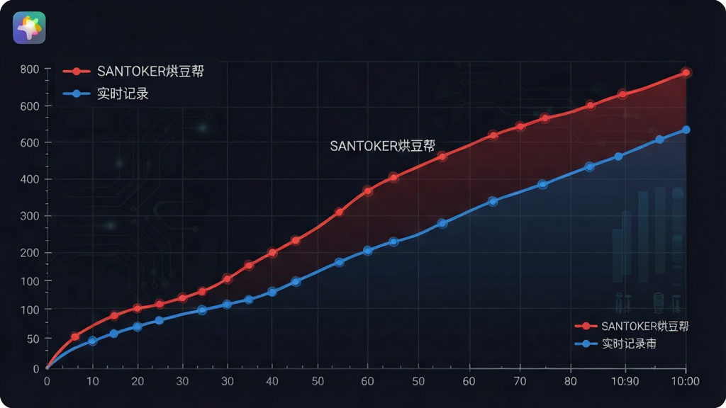 一张科技感十足的烘焙曲线数据可视化图,画面主体是一条平滑上升的红色温度曲线与一条蓝色风温曲线交织在深色网格背景上,曲线旁边标注着"SANTOKER烘豆帮"和"实时记录"字样,布局采用全屏图表式设计,左上角放置软件图标,右下角显示时间轴,风格为现代数据仪表盘风格,细节包括刻度线、数据点、图例标记,画质高清,干净无多余元素