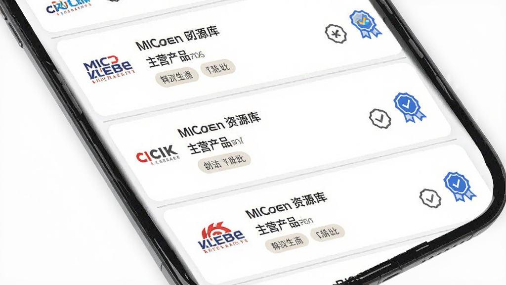 主体是MIC国际站供应商资源库界面,布局为手机屏幕中展示供应商列表,排版为纵向排列的公司卡片,每张卡片包含公司Logo、名称、主营产品标签和认证图标,风格为简洁商务风,细节有蓝色认证徽章、灰色分隔线、白色背景,画质高清干净无多余元素