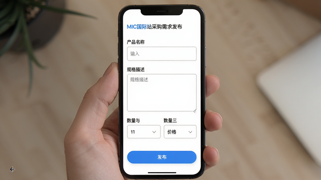 主体是MIC国际站采购需求发布页面,布局为手机屏幕内显示表单填写界面,排版为从上到下依次为产品名称输入框、规格描述框、数量与价格选择器、发布按钮,风格为清爽浅色UI,细节有蓝色高亮按钮、灰色输入框边框、白色背景,画质清晰干净无多余元素