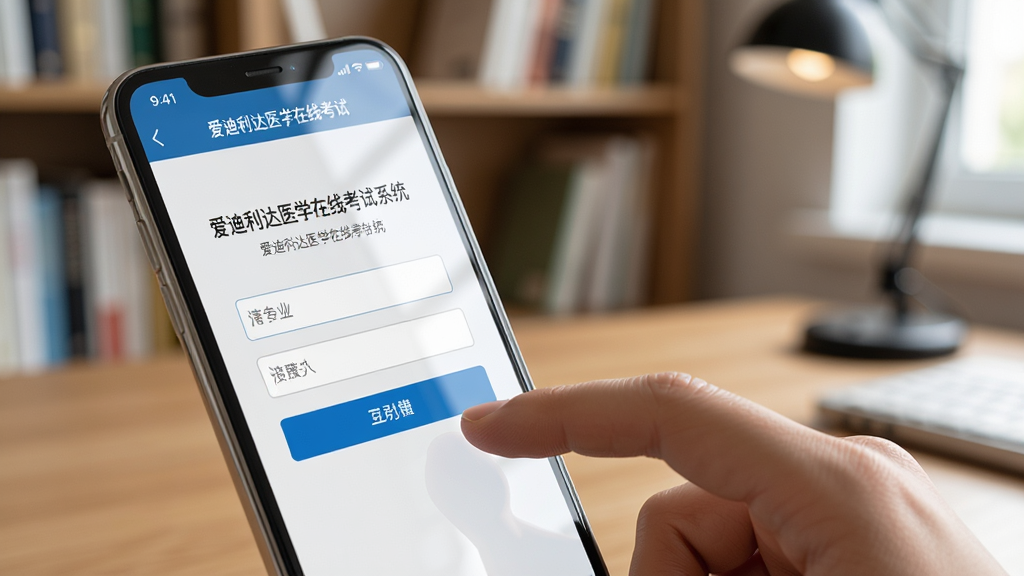 主体为一部手机屏幕显示爱迪利达医学在线考试系统的登录界面,旁边有一只手正在点击屏幕;布局为手机特写,背景为书房环境;排版突出登录按钮和输入框;风格为真实使用场景;细节上手机屏幕有反光,手指自然;画质高清,干净,无多余元素
