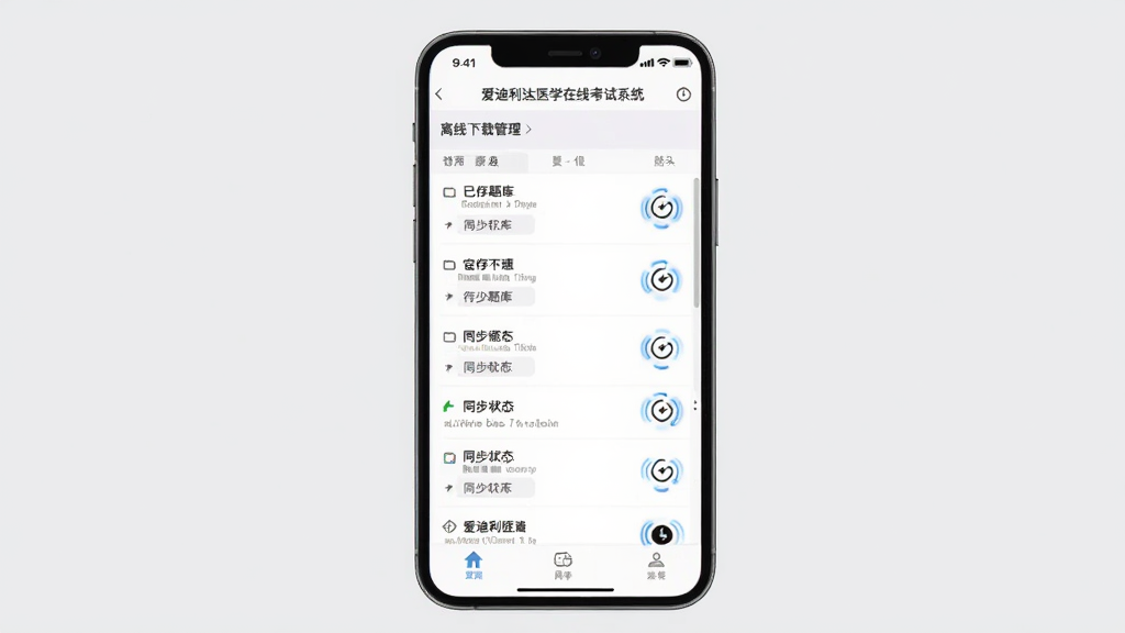 主体为爱迪利达医学在线考试系统的离线下载管理界面,展示已缓存题库列表和同步状态图标;布局为手机屏幕居中,列表清晰;排版简洁,风格为工具类应用风格;细节上同步图标有旋转动效暗示,背景为浅灰色;画质高清,干净,无多余元素