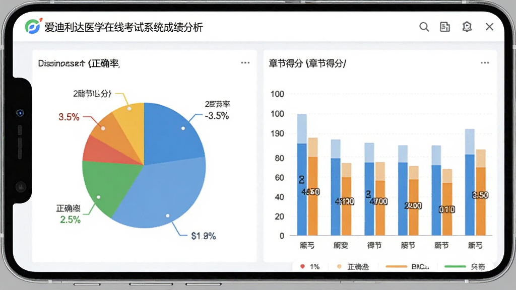 主体为爱迪利达医学在线考试系统的成绩分析页面,屏幕显示饼状图和柱状图,标注正确率与章节得分;布局为手机屏幕居中,图表占据主要区域;排版整洁,风格为数据可视化风格;细节上图表颜色分明,数据标签清晰;画质高清,干净,无多余元素