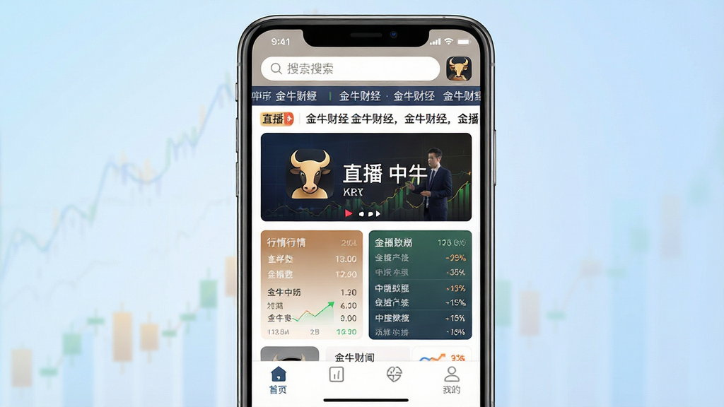 一张展示金牛财经手机应用主界面的图片,画面中央是一部智能手机,屏幕显示金牛财经App的首页,顶部有搜索栏和财经新闻滚动条,中部有直播入口和行情数据卡片,底部为导航菜单。布局为居中手机特写,背景为浅蓝色渐变,风格简洁商务,细节包括清晰的文字标签“金牛财经”和应用图标,画质高清,干净,无多余元素