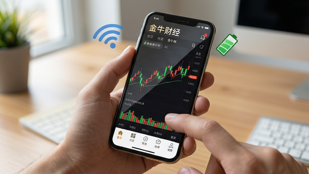 一张展示金牛财经在手机上运行流畅的图片,画面为手持手机显示金牛财经行情页面,屏幕中K线图走势清晰,底部有导航栏,手机周围有WiFi信号图标和电池图标。布局为手持特写,背景为室内桌面,风格生活化,细节包括手指触控动作和屏幕反光,画质高清,干净,无多余元素