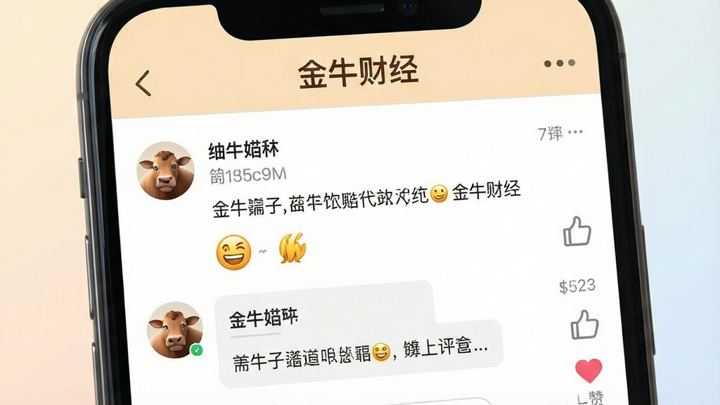 一张展示金牛财经社区互动功能的图片,画面为手机聊天界面,显示用户发帖和评论内容,包含文字、表情和点赞图标,顶部有“金牛财经”社区标签。布局为手机屏幕特写,背景为浅色渐变,风格亲和友好,细节包括头像、昵称和互动按钮,画质高清,干净,无多余元素