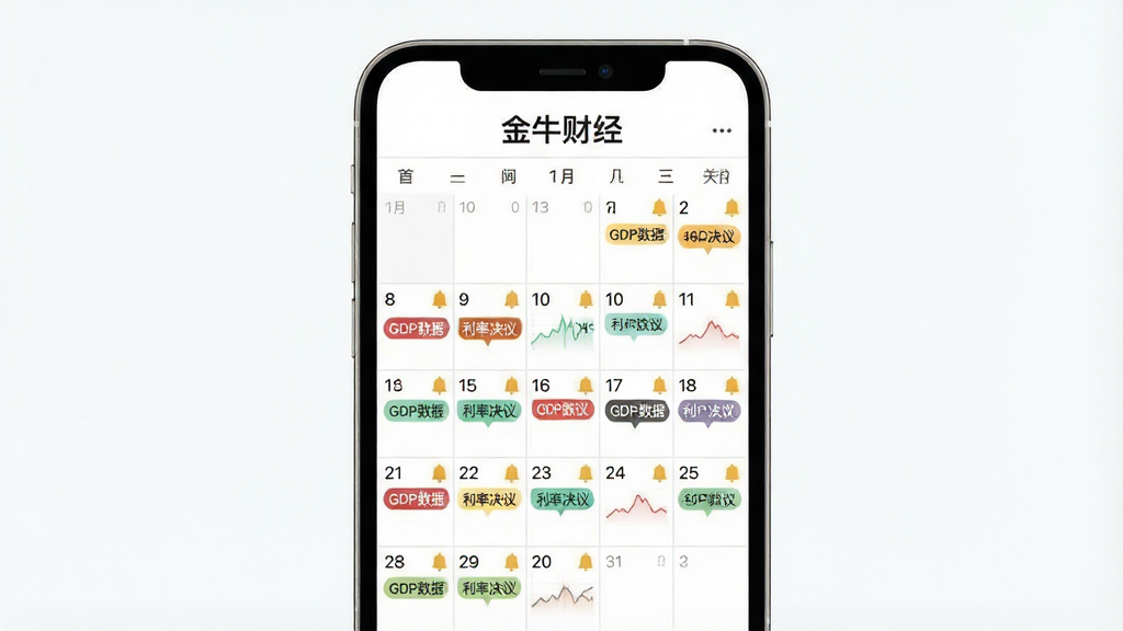 一张展示金牛财经财经日历功能的图片,画面为手机日历界面,日期格中标注了“GDP数据”“利率决议”等财经事件标签,部分日期有铃铛提醒图标,顶部显示“金牛财经”字样。布局为手机屏幕居中,背景为白色,风格简约清晰,细节包括不同颜色的标签和图标,画质高清,干净,无多余元素