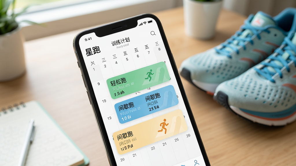 一幅展示“星跑”训练计划界面的图片,手机屏幕显示日历视图和训练任务卡片,卡片上有“轻松跑”、“间歇跑”等文字标签。背景是书桌和跑鞋,风格为清新生活风,细节强调界面的整洁与易用性,画质高清,干净,无多余元素。