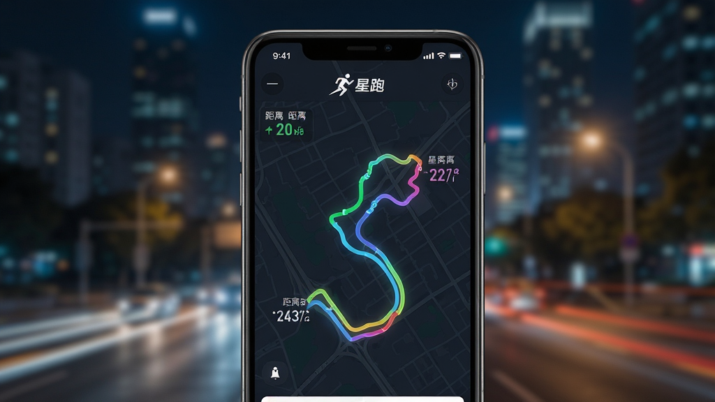 一张展示“星跑”应用轨迹记录功能的视觉图,画面主体为手机屏幕,屏幕上显示清晰的彩色跑步轨迹线覆盖在深色地图上,轨迹旁标注着距离和配速数据。背景是虚化的城市夜景,风格为写实科技感,细节强调屏幕的高亮与数据可视化的精致感,画质高清,干净,无多余元素。