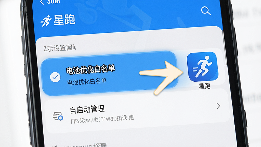 一幅展示“星跑”应用在手机后台运行设置的示意图,画面为手机系统设置界面截图风格,高亮显示“电池优化白名单”和“自启动管理”选项,旁边有箭头指向“星跑”图标。风格为科技说明图,色彩以蓝白为主,细节清晰,画质干净,无多余元素。