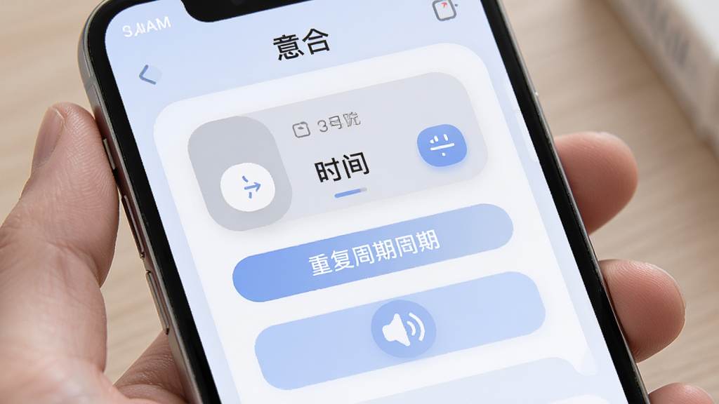 意合提醒设置界面,画面展示“意合”应用中的提醒选项面板,包含时间选择器、重复周期按钮和铃声图标,主体为手机界面,布局纵向排列,排版清晰,风格柔和圆角,细节精致,画质高清,干净无多余元素