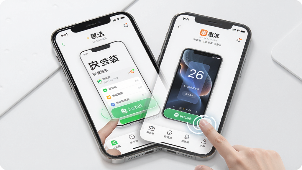一幅AI生成的操作示意图,画面中一部手机屏幕显示“惠选”App的安装界面,旁边有手指点击安装按钮的动作示意,背景为简洁的浅灰色,布局清晰,风格写实,细节到位,画质干净,无多余元素