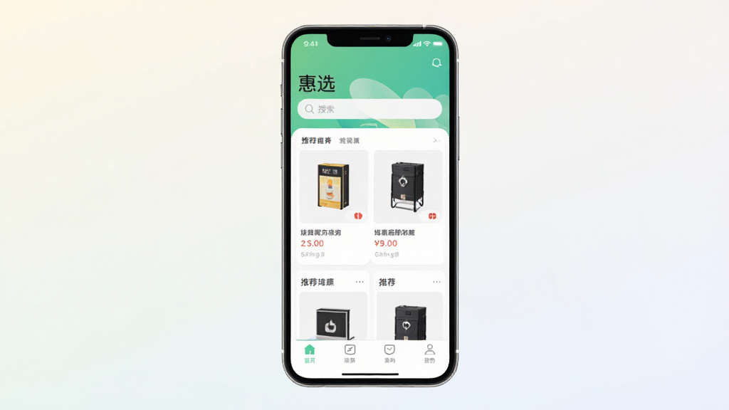 一幅手机应用界面展示图,画面中央是一部竖屏智能手机,手机屏幕上展示着“惠选”App的首页界面,界面中包含商品推荐卡片、搜索栏和底部导航栏,背景为浅色渐变,风格简洁现代,细节清晰,画质干净,无多余元素