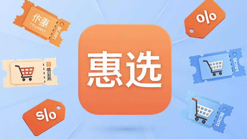 一幅AI生成的插图,画面中央是“惠选”App的图标悬浮在空中,周围环绕着优惠券、折扣标签和购物车图标,背景为柔和的蓝色渐变,排版对称,风格扁平化,细节清晰,画质干净,无多余元素
