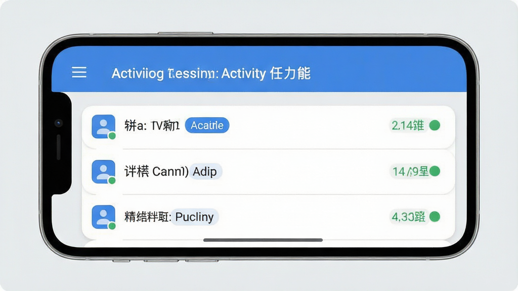 一张展示开发助手Activity管理功能的界面截图,画面主体为手机屏幕,屏幕中显示Activity任务栈列表信息,包含多个Activity名称与状态标识,背景为浅灰色简洁风格,布局上下分层,上方为标题栏下方为列表内容,排版整齐有序,风格简约商务,细节包含蓝色高亮标签、灰色分割线、圆角卡片,画质清晰干净无多余元素
