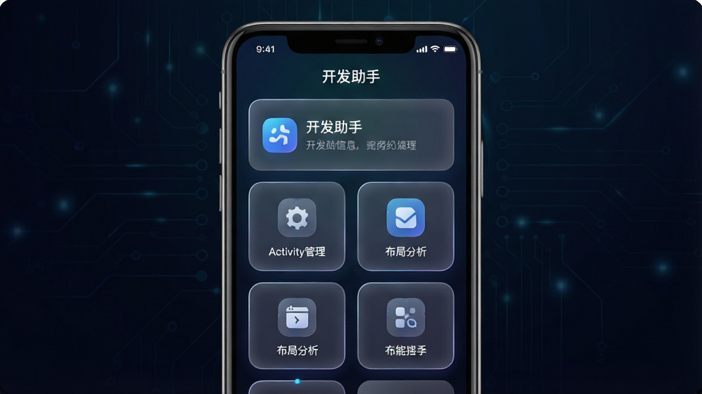 一张手机屏幕展示开发助手应用主界面的图片,画面中央是手机正视图,屏幕显示
