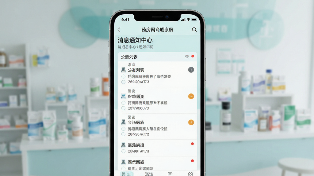 药房网商城商家版 消息通知中心界面 公告列表与未读红点 手机应用截图 清爽浅色风格 细节清晰 高清画质 干净背景 无多余元素