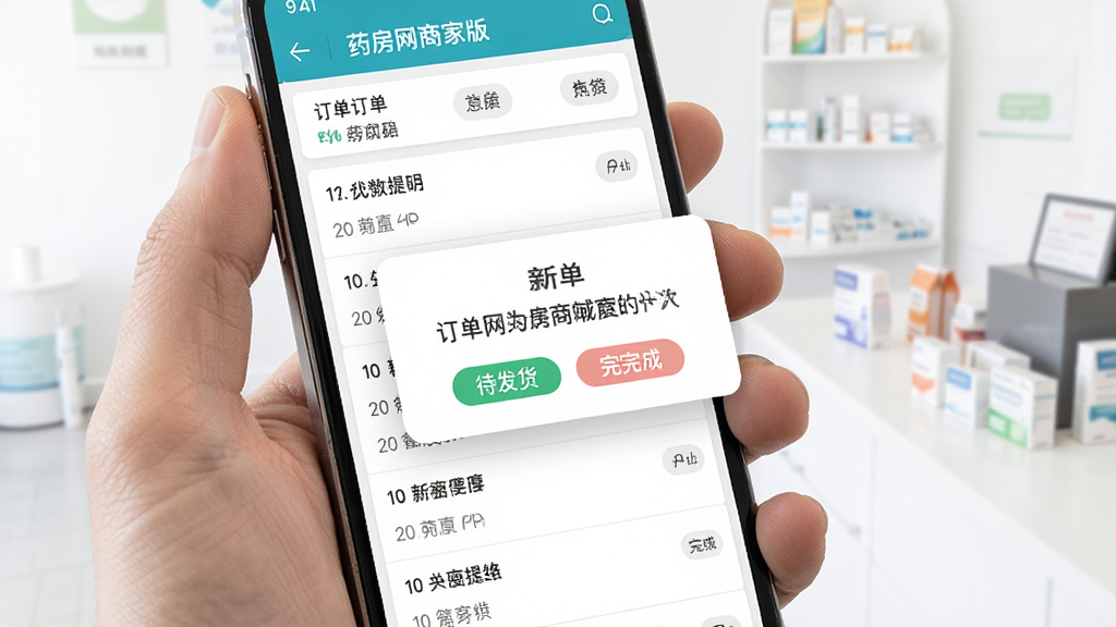 药房网商城商家版 手机屏幕显示订单列表 新订单提醒弹窗 待发货与已完成状态标签 明亮界面 手持设备场景 写实风格 细节清晰 高清画质 干净背景 无多余元素