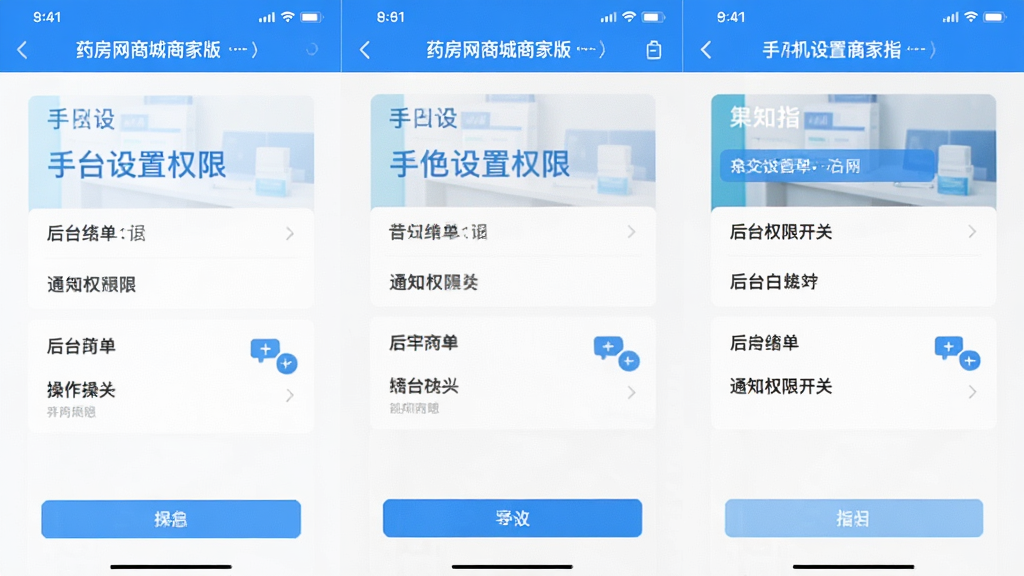 药房网商城商家版 手机设置权限界面 后台白名单与通知权限开关 操作指引截图 扁平化风格 蓝色高亮 细节清晰 高清画质 干净画面 无多余元素