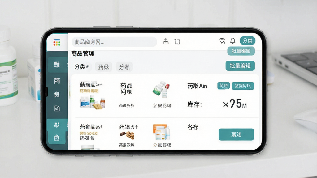 药房网商城商家版 商品管理界面 药品列表与库存数字 批量编辑按钮 分类标签 手机UI展示 简洁现代风格 细节丰富 高清画质 干净画面 无多余元素