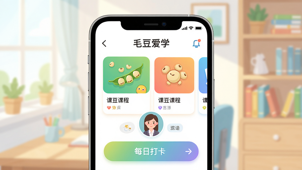 毛豆爱学英语学习App主界面展示,画面中央是一部智能手机,屏幕上显示“毛豆爱学”应用首页,包含课程卡片、外教头像和每日打卡按钮,背景为明亮的书房环境,布局简洁清晰,风格为现代扁平化插画,细节包括彩色图标和柔和渐变,画质高清,干净,无多余元素