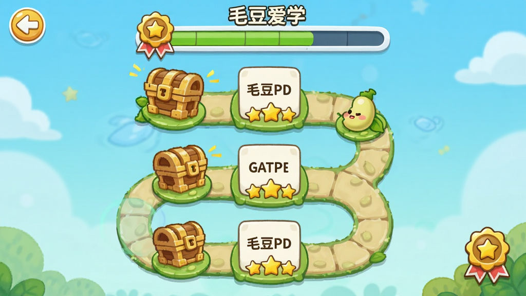 毛豆爱学单词闯关游戏界面,画面中是一条卡通闯关路径,每个关卡节点上显示单词卡片和星星奖励,顶部有“毛豆爱学”进度条,布局为纵向延伸,风格为游戏化UI插画,细节包括宝箱和徽章元素,画质清晰,干净,无多余元素
