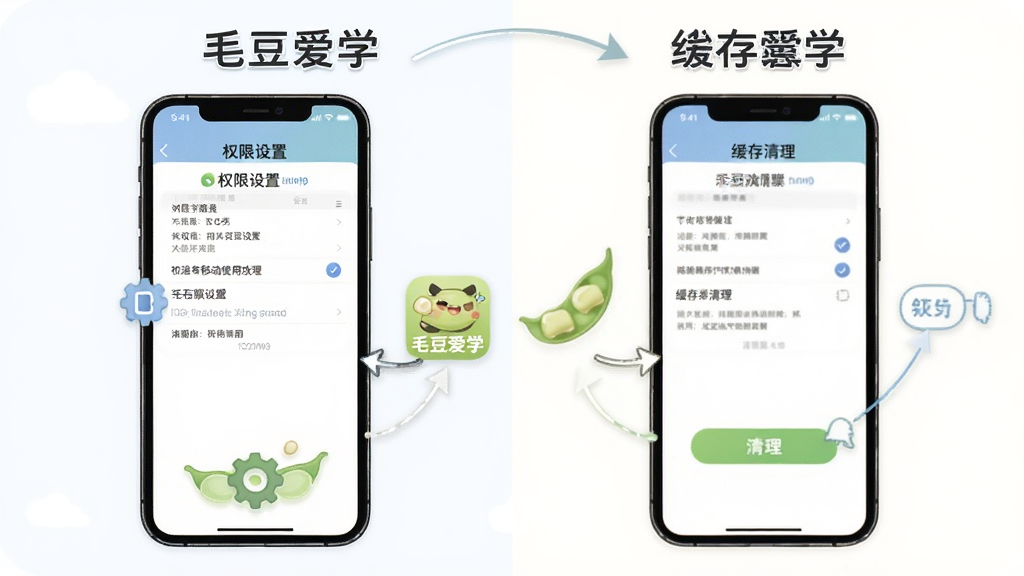 毛豆爱学移动端使用攻略示意图,画面中一部手机展示权限设置页面和缓存清理步骤,旁边有“毛豆爱学”小图标和箭头指引,布局为左右对比,风格为简洁教程插画,细节包括设置齿轮和清理按钮,画质清晰,干净,无多余元素