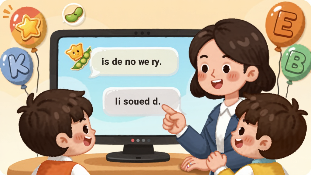 毛豆爱学外教互动课堂场景,画面中一位外教老师正通过屏幕与两名孩子进行英语对话,屏幕周围有卡通奖励图标和字母气球,布局为三分法构图,风格为温暖卡通风,细节包括微笑表情和互动手势,画质清晰,干净,无多余元素