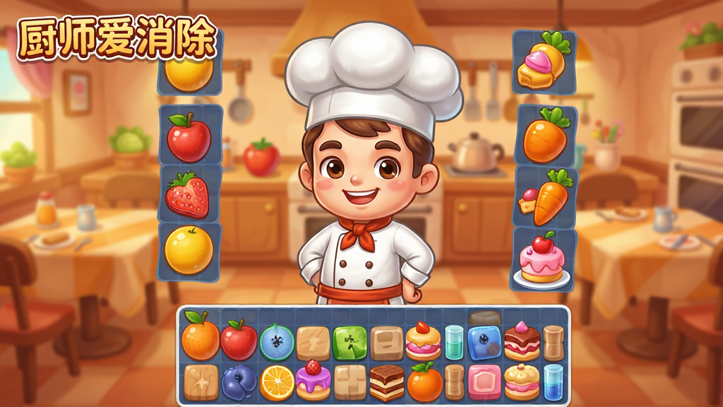 一款以美食烹饪为主题的休闲消除手游画面,画面中央是一位穿着白色厨师服的卡通厨师角色,面带微笑站在温馨的厨房中,周围摆放着色彩鲜艳的水果、蔬菜和甜点元素,背景是暖色调的餐厅环境,画面下方排列着整齐的消除方块,整体风格清新可爱,布局为竖版手机屏幕比例,画质高清干净,无多余元素,画面中带有“厨师爱消除”文字标题