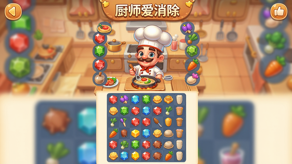 竖版手机游戏界面截图风格,画面展示一位卡通厨师正在烹饪美食,周围环绕着五颜六色的消除宝石和食材图标,画面分为上下两部分,上方是厨房场景,下方是消除棋盘,整体色调温暖明亮,风格为卡通休闲游戏画风,布局清晰整洁,画质高清,画面中带有“厨师爱消除”文字标题