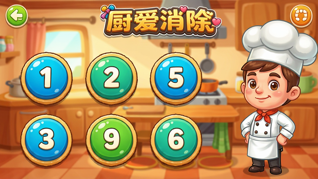 卡通风格游戏关卡选择界面,画面中排列着多个圆形关卡按钮,每个按钮上标注着数字,背景是温馨的餐厅厨房场景,一位穿着厨师服的角色站在一旁,画面色彩明快,布局整齐有序,风格为休闲手游界面设计,画质高清,画面中带有“厨师爱消除”文字标题
