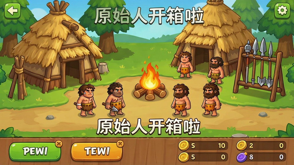 一张展示原始人部落养成界面的游戏截图风格图片,画面中可以看到多个不同等级的原始人角色站在部落建筑旁,建筑包括茅草屋、篝火、武器架等,画面下方有升级按钮和资源数量显示,整体布局为典型的养成类手游界面,风格卡通休闲,细节丰富,画质清晰,画面中带有文字“原始人开箱啦”,干净整洁无多余元素