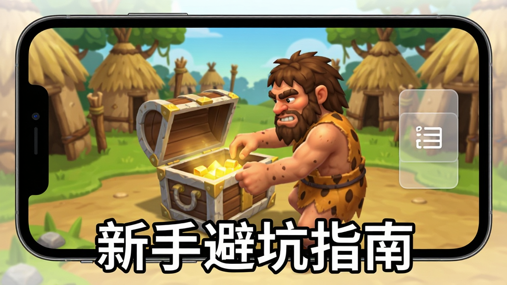 一张手机屏幕显示原始人开箱啦游戏主界面的图片,画面中原始人正在开启宝箱,屏幕边缘有一个半透明的辅助菜单悬浮按钮,背景是部落场景,画面下方有“新手避坑指南”文字标注,整体风格为教程类配图,布局简洁明了,画质清晰,干净无多余元素