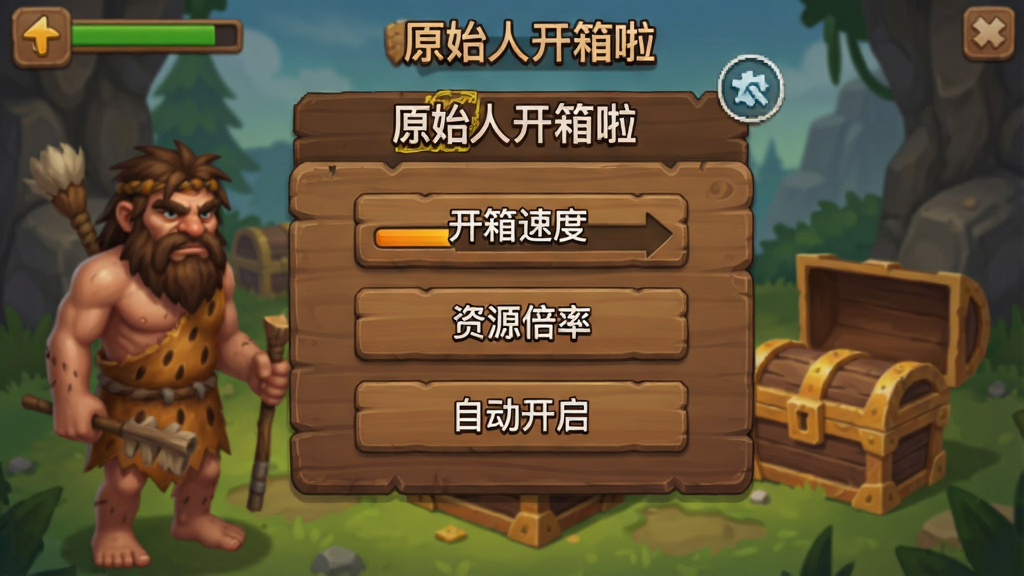 一张手机游戏界面截图风格的图片,画面展示一个木质纹理的辅助菜单面板悬浮在原始人开箱游戏画面上方,菜单中包含“开箱速度”“资源倍率”“自动开启”等选项按钮,背景可见原始人和宝箱元素,布局清晰,风格为游戏UI设计,细节精致,画质清晰,画面中带有文字“原始人开箱啦”和“辅助菜单”,干净无多余元素