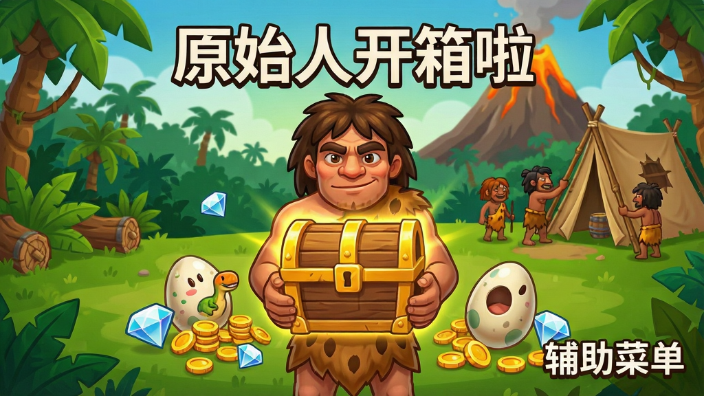 一张卡通风格的原始部落场景全景图,画面中央是一位穿着兽皮的原始人双手捧着一个发光的木质宝箱,宝箱周围散落着钻石、金币和恐龙蛋等物品,背景是茂密的丛林和火山,远处有其他原始人正在搭建帐篷,整体布局均衡,风格为休闲游戏宣传画风,细节丰富,色彩鲜艳明快,画质清晰干净,画面中带有文字“原始人开箱啦”和“辅助菜单”字样,无多余元素