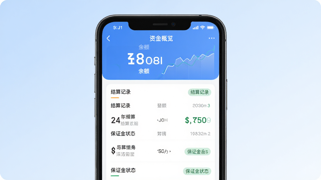 得物商家版账户资金管理页面图,画面主体为手机屏幕展示资金概览界面,包含余额数字、结算记录列表、保证金状态标签等元素,背景为淡蓝色渐变,布局居中突出屏幕内容,风格为清爽金融类UI设计,细节上数字清晰、列表整齐,画质高清,画面干净,无多余元素