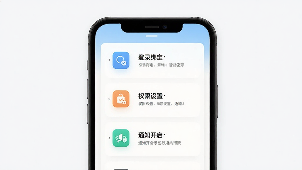 得物商家版新手操作引导界面图,画面展示手机屏幕内新手引导步骤页面,包含登录绑定、权限设置、通知开启等图标与文字说明,布局为纵向步骤排列,风格为扁平化引导设计,细节上步骤序号清晰、图标简洁,画质高清,画面干净,无多余元素