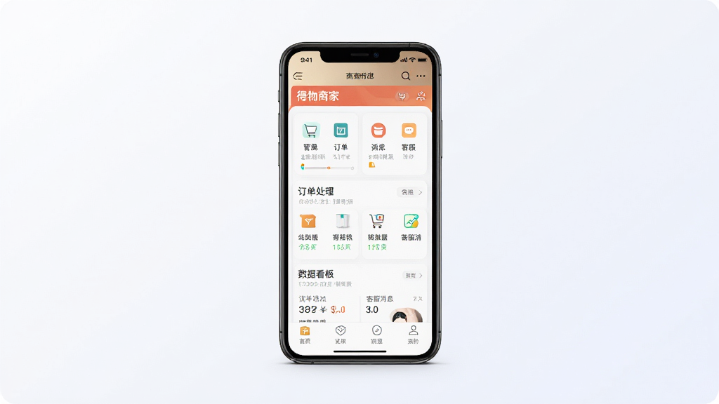 得物商家版APP主界面截图,画面中央展示手机屏幕,屏幕内呈现得物商家版应用首页,包含商品管理、订单处理、数据看板、客服消息等核心功能入口,背景为简洁的浅色渐变,主体突出手机与屏幕内容,布局居中,排版整洁有序,风格为现代科技感UI展示,细节上屏幕内图标清晰、文字可辨,画质高清,画面干净,无多余元素